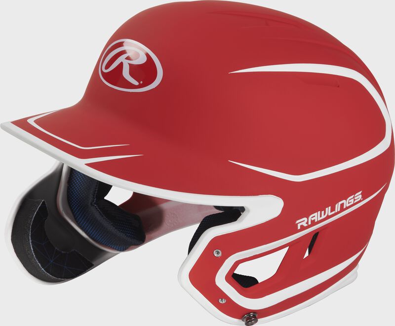 Left angle view of a MACHEXTR Rawlings Mach EXT Junior helmet with a two-tone matte scarlet/white shell