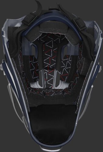 Inside foam of a navy CHV27J Rawlings catcher's helmet