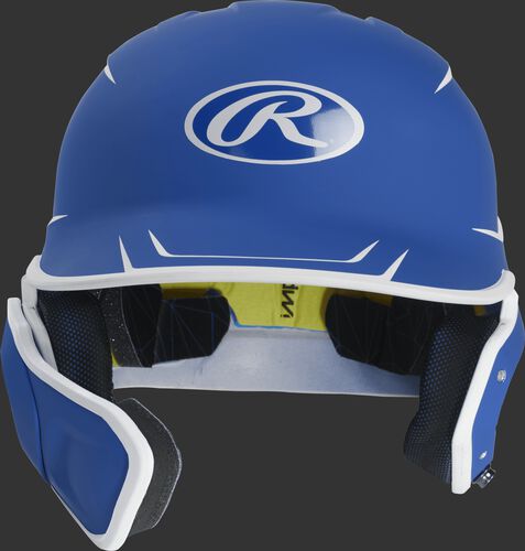 Front of a matte royal/white MACHEXTR senior size Mach batting helmet with face guard extension for left hand batters