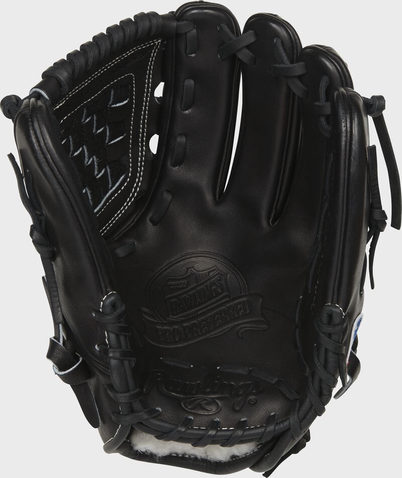 Black palm of a Rawlings Pro Preferred infield/pitcher's glove with black laces - SKU: RSGPRO1175-3KBPRO