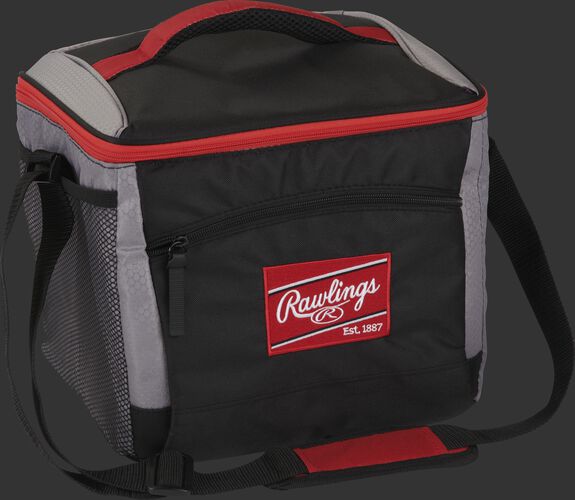 Front angle of a black 24 can cooler with a red Rawlings patch, red handle on the top and shoulder strap - SKU: 10224043511
