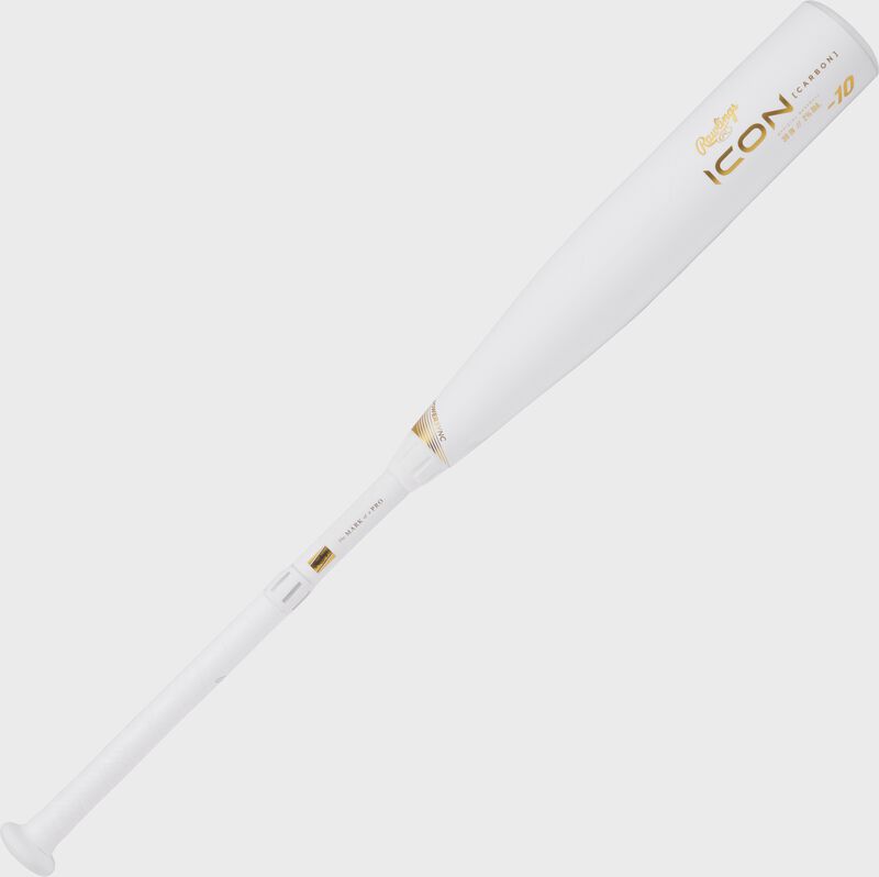 A white 2024 Rawlings Icon USSSA baseball bat with gold accents - SKU: RUT4I10