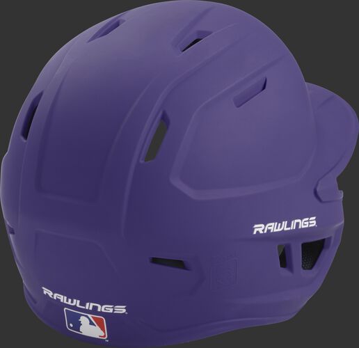 Back right of a one-tone matte purple MACH Rawlings batting helmet