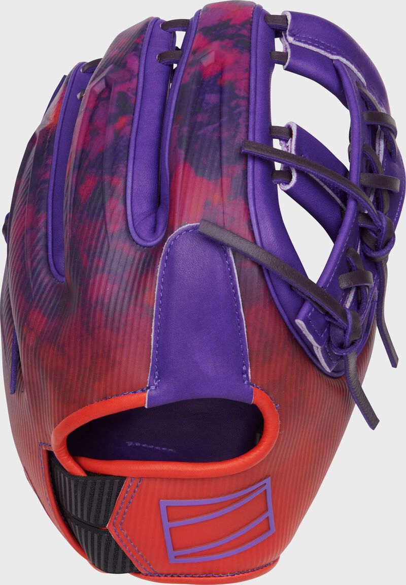 Purple/orange design back of a Rawlings Francisco Lindor REV1X infield glove