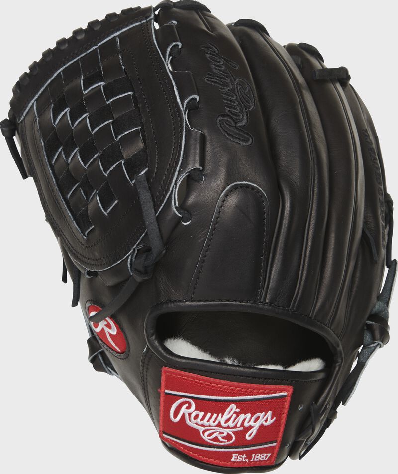 Back of a black left hand throw Pro Preferred 12.5-inch basket web glove with a red Rawlings patch - SKU: PRO504-3KBPRO-RH