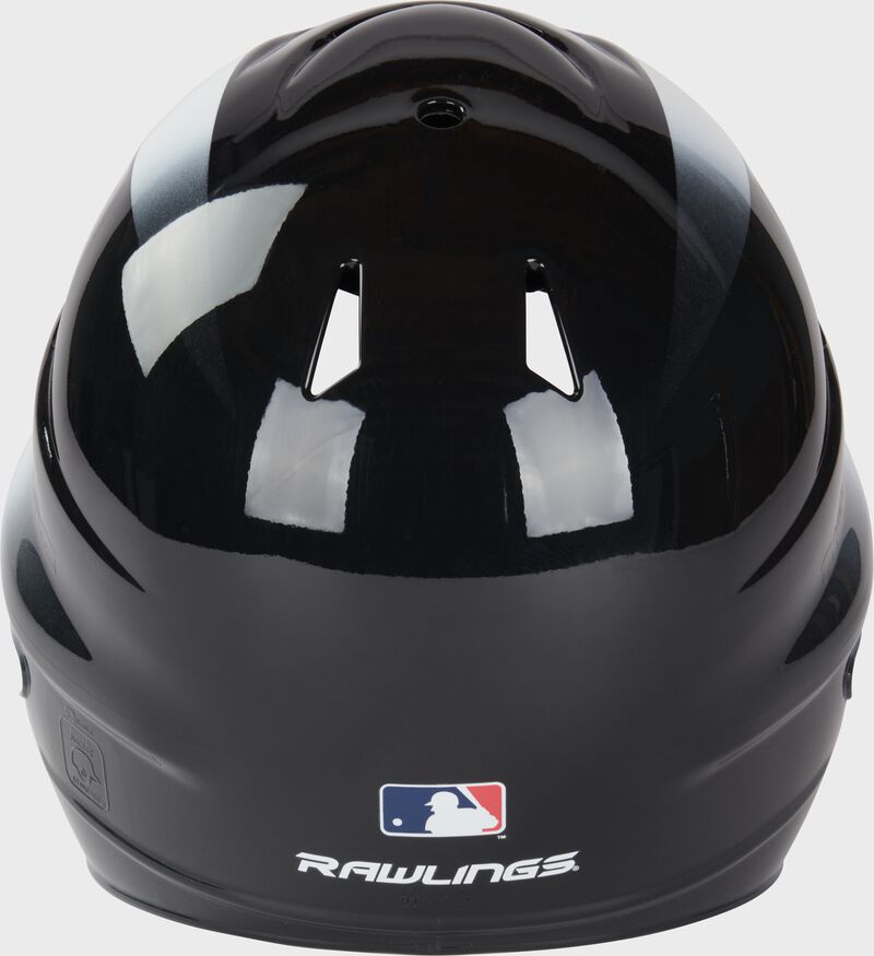 Black back of a black/white Coolflo batting helmet with the MLB logo on the bottom - SKU: RCFH