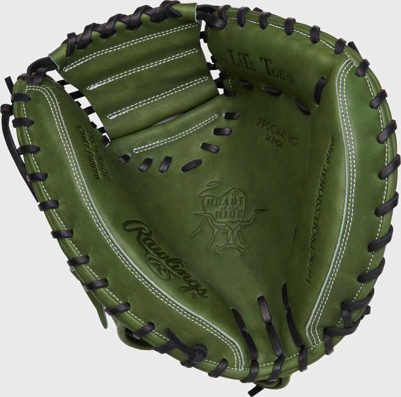 Palm of a Rawlings Heart of the Hide military green catcher's mitt with black laces - SKU: PROCM41MG