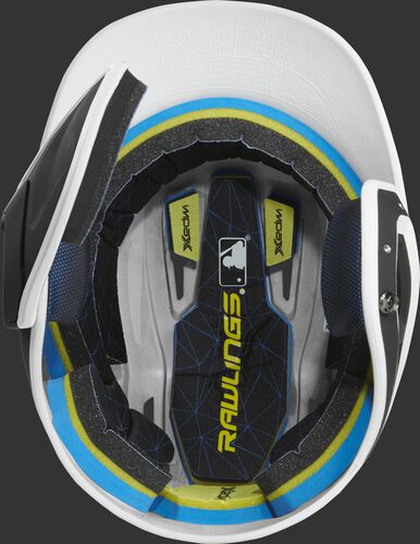 Inside of a MACHEXTR Rawlings MACH baseball helmet with IMPAX durable foam padding