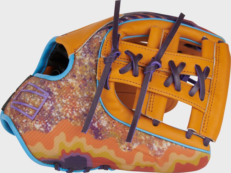 Thumb of a purple/orange exclusive REV1X 11.5" Francisco Lindor glove with a split laced single post web - SKU: REVFL12T
