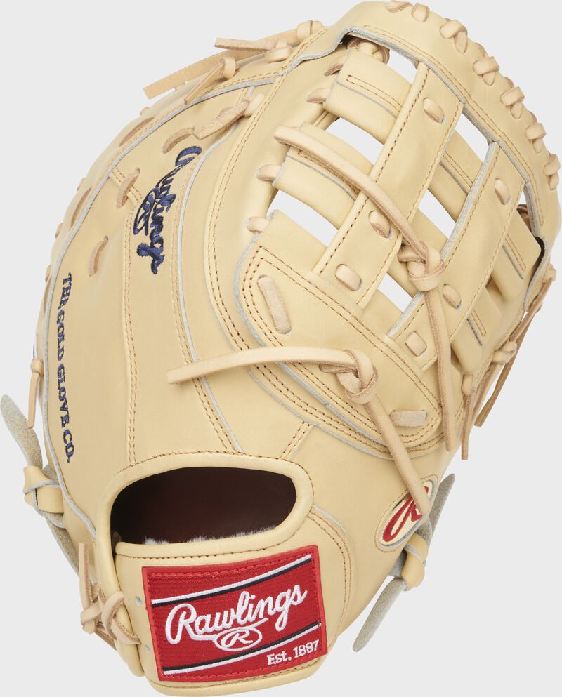 Back of a camel Evan White 12.5-inch first base mitt with a red Rawlings patch - SKU: PROSFM18-17C