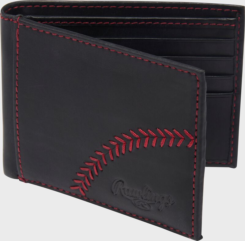 A black Rawlings Double Play bi-fold wallet standing opened up