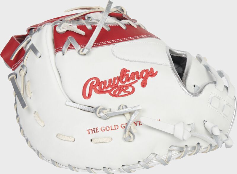 Back of a white/scarlet Liberty Advanced 1st base mitt - SKU: RLADCTSBWSP