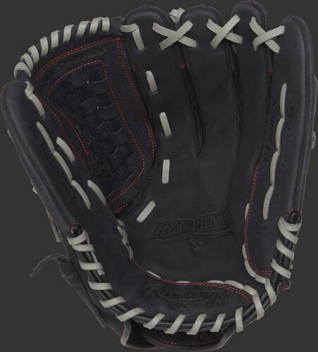 R140BGS Rawlings Renegade recreational outfield glove with a black palm and grey laces