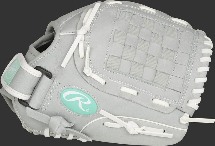 Thumb of a grey SCSB110M Sure Catch 11-inch youth infield/outfield glove with a grey Basket web