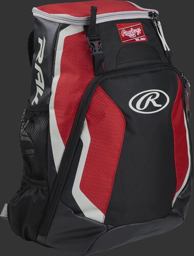 Right side of a black/scarlet R500 Rawlings Players equipment backpack with white trim