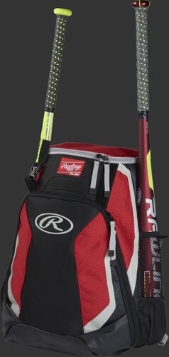 Left side of a black/scarlet R500 baseball backpack with a red bat in the side sleeve
