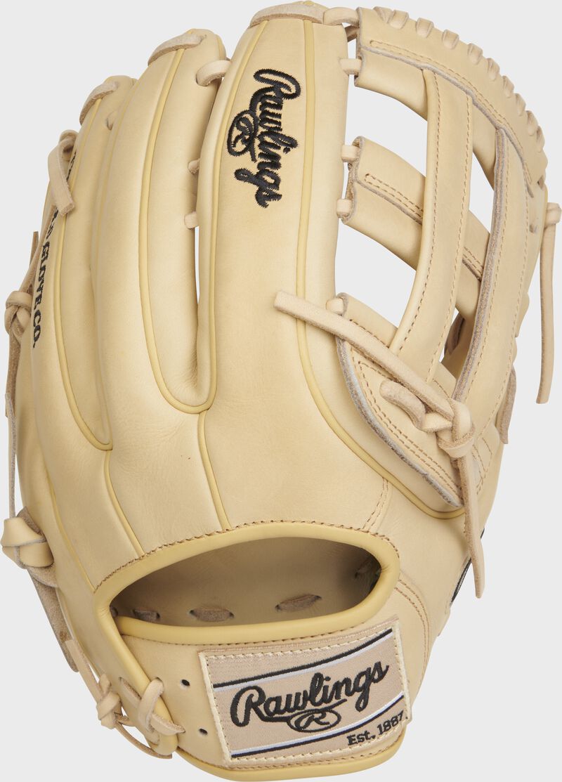 Back of a camel Heart of the Hide R2G 12.75" H-web outfield glove with a camel Rawlings patch - SKU: RSGPROR3319-6C