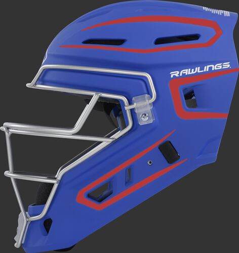 Left side of a royal/scarlet CHV27J Rawlings hockey style Velo 2.0 catcher's helmet