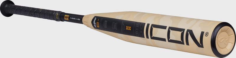 Angled view of a Rawlings Icon 2025 USA Baseball bat with the Icon logo on the barrel