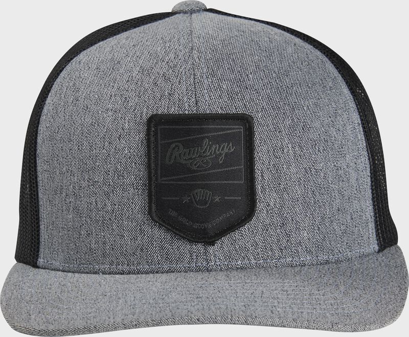 Front of a gray/black Rawlings snapback hat