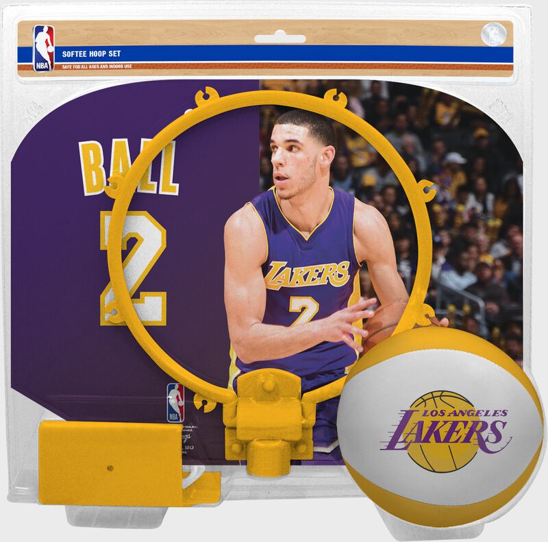 A NBA Los Angeles Lakers Lonzo Ball softee hoop set with a picture of Ball on the backboard - SKU: 03544539511