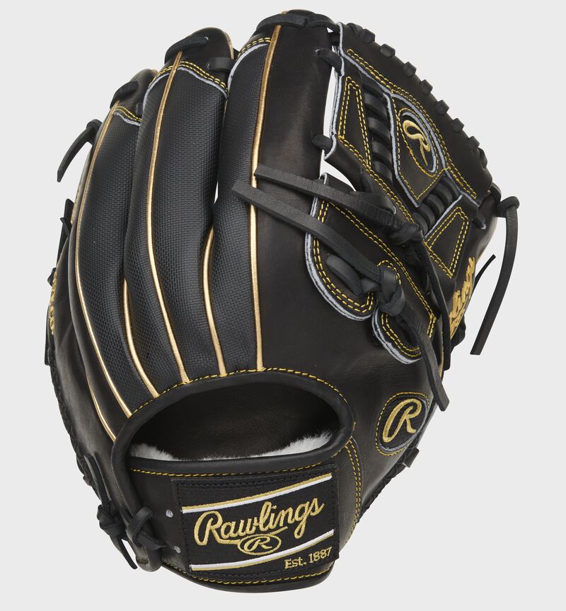 Black Speed Shell back of a Pro Preferred infield/pitcher's glove with a black Rawlings patch - SKU: PROS205-30BG loading=