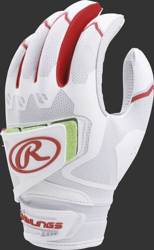 A white FPWPBG-S women's Workhorse batting glove with scarlet trim and pad over the back of the palm