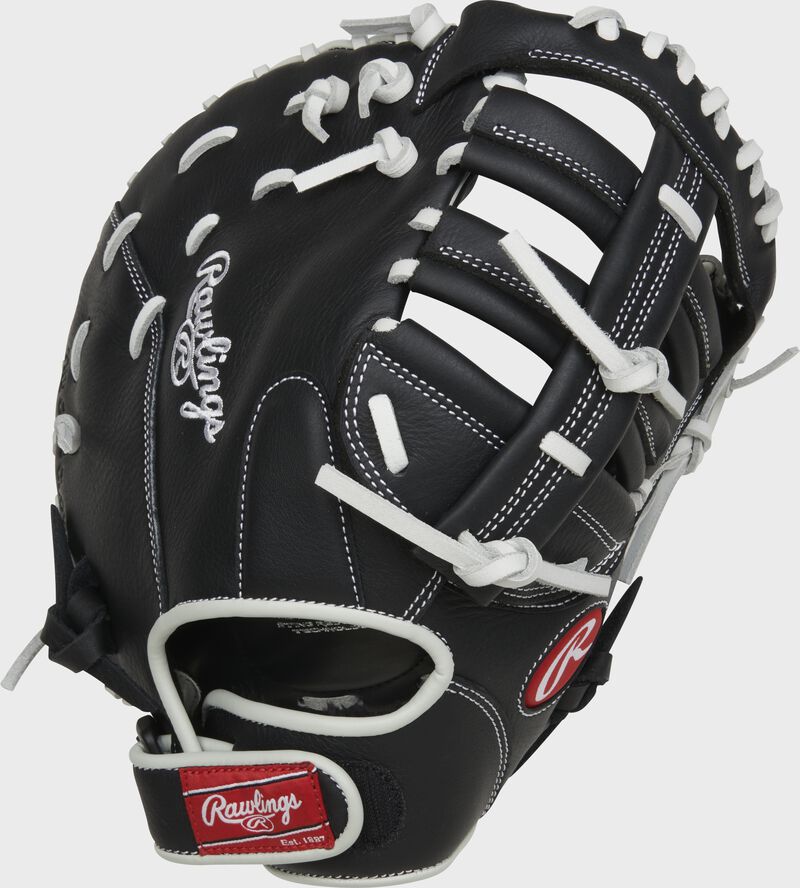 Black back of a Shut Out 12" fastpitch first base mitt with a Velcro wrist strap - SKU: RSOFBM12 loading=