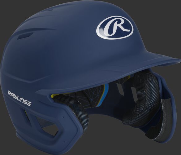 Right angle view of a MACHEXTR Rawlings Mach EXT helmet with a one-tone matte navy shell
