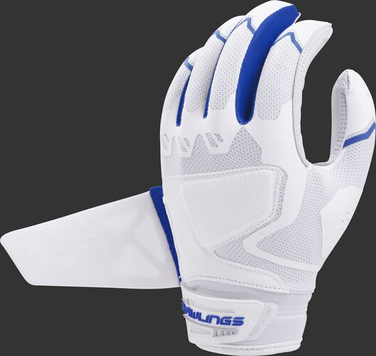 A white/navy FPWPBG-S Rawlings women's Workhorse batting glove with the Impax pad removed