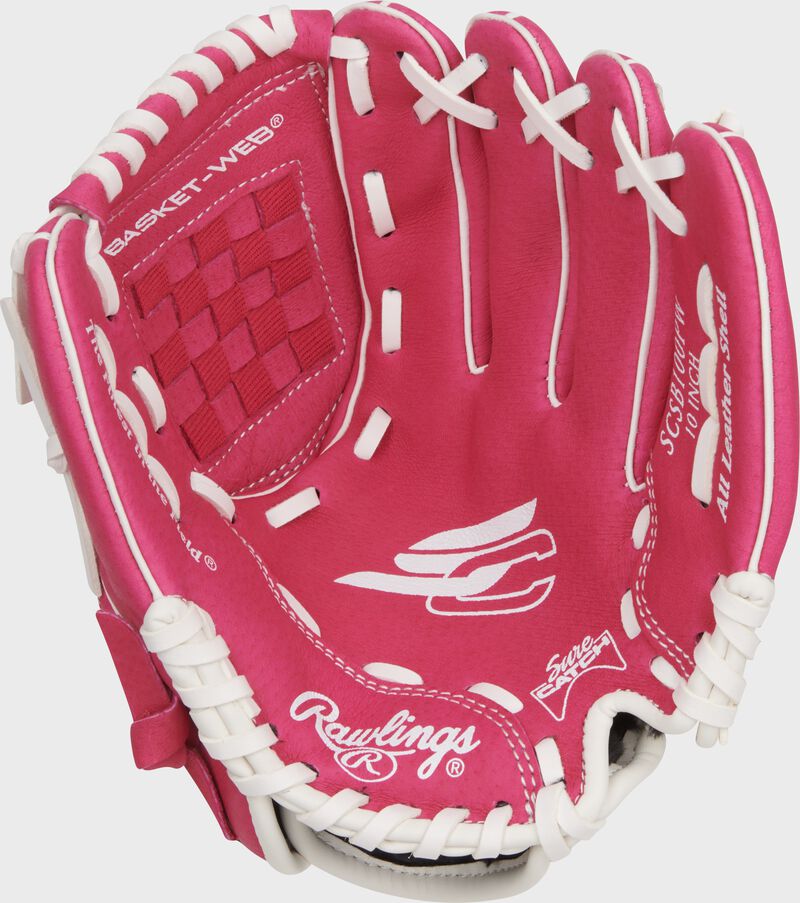 Palm of a pink/white Sure Catch Softball 10-inch Youth Softball Glove