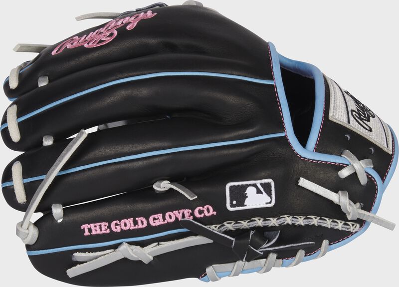 Back of a black HOH ColorSync 6.0 11.5-inch infield glove with hand-sewn welting and the MLB logo on the pinky - SKU: PRO204-2BSC
