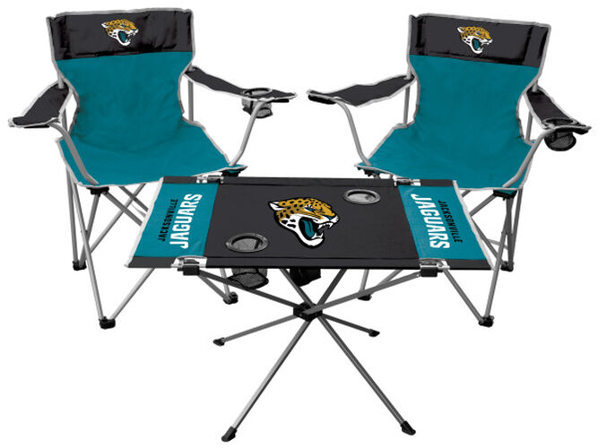 Front of Rawlings Teal and Black NFL Jacksonville Jaguars 3-Piece Tailgate Kit With Two Kickoff Chairs, An Endzone Table, And A Transport Bag With Team Logo SKU #01041091511
