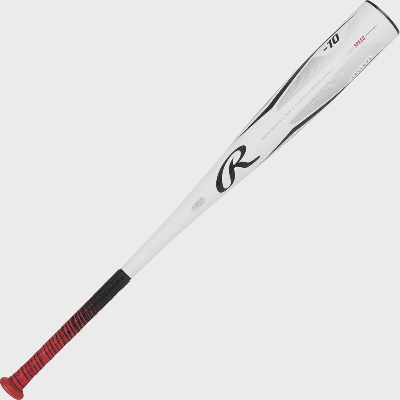 A white Peak -10 USSSA baseball bat angled from bottom left to top right - SKU: RUT4P