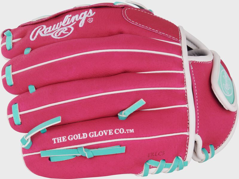 Finger backs of a pink/mint Sure Catch Softball 10.5-inch Youth Softball Glove