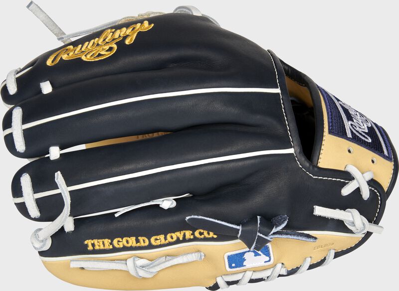 Back of a navy/camel Milwaukee Brewers Heart of the Hide infield glove with the MLB logo on the pinky - SKU: RSGPRO204-2MIL