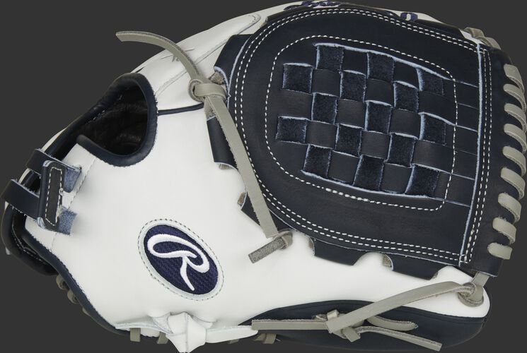 Thumb of a white RLA120-3N Liberty Advanced Color Series 12-inch infield/pitcher's glove with a navy Basket web