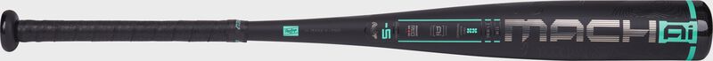 Side image of a black Mach AI USSSA -5 bat with the Mach AI logo on the barrel