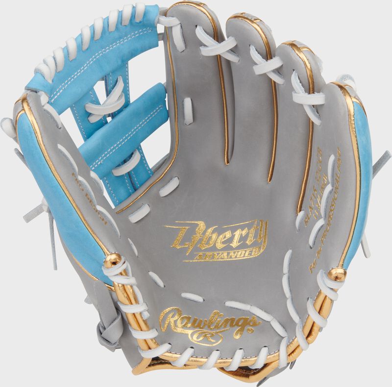 Palm of a gray/Columbia blue Liberty Advanced 11.75-inch Fastpitch Softball Glove loading=
