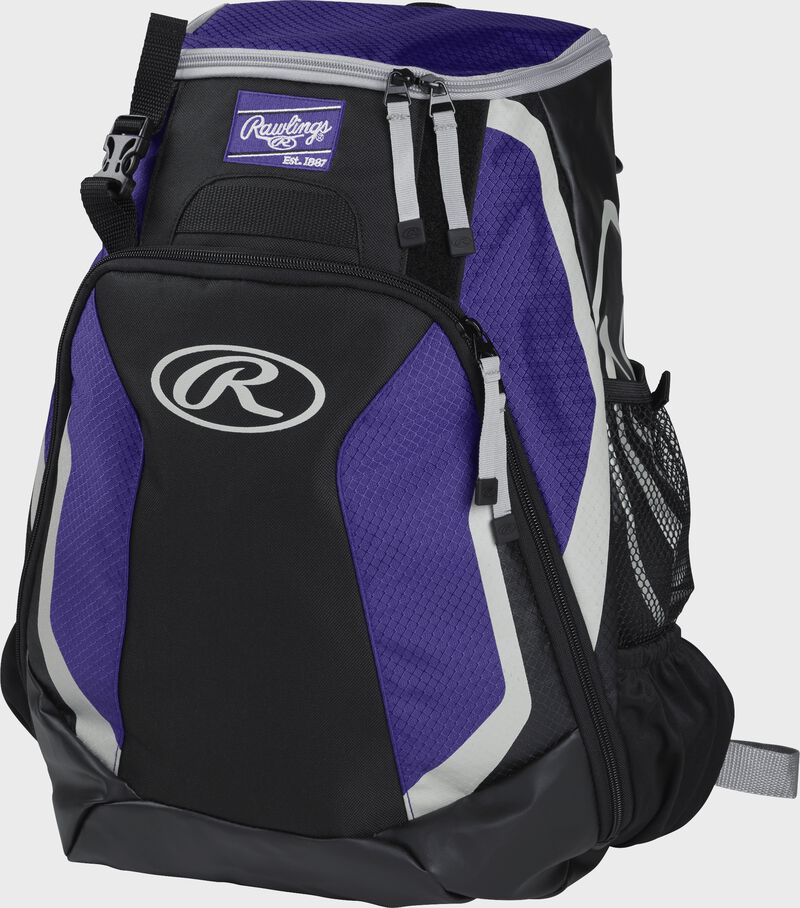 Left side of a black/purple R500 Players team backpack with white trim