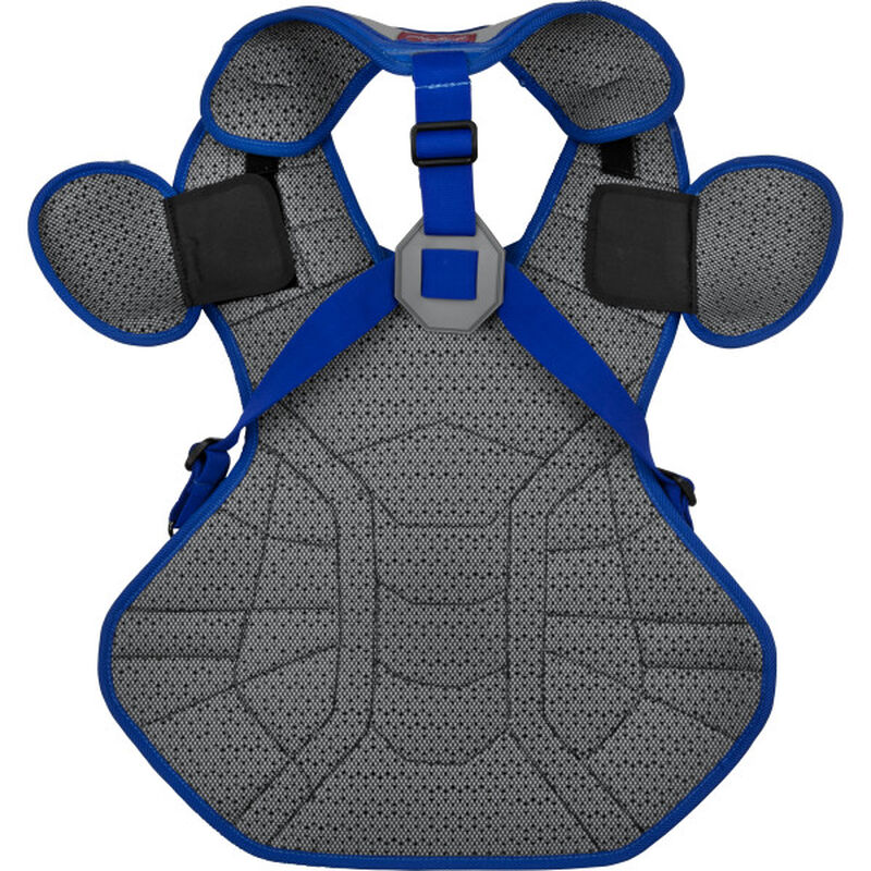 Grey back of a CSPZ Rawlings Salvador Perez model chest protector 