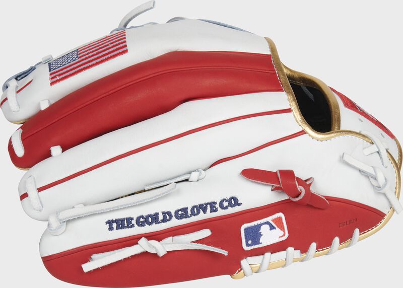 White/scarlet back of a Heart of the Hide USA infield glove with the MLB logo on the pinky - SKU: RSGPRONP5-2USA loading=