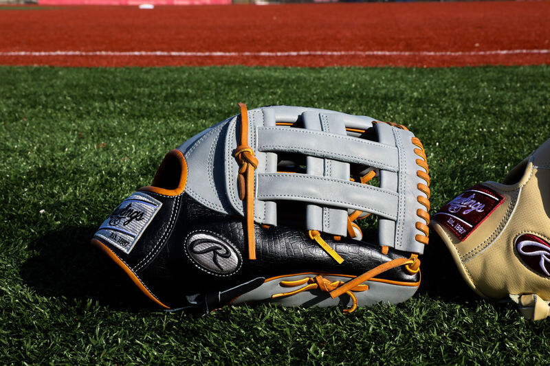 A Heart of the Hide ColorSync 5.0 13-Inch outfield glove on a field - SKU: PRO3030-6GC image number null
