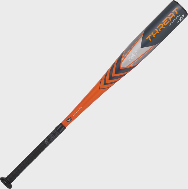 Full view of an orange/gray Rawlings 2024 Threat -12 USA baseball bat - SKU: RUS4T12