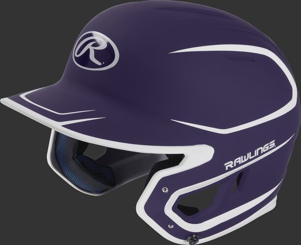 Left angle view of a Rawlings MACH Senior helmet with a two-tone matte purple/white shell