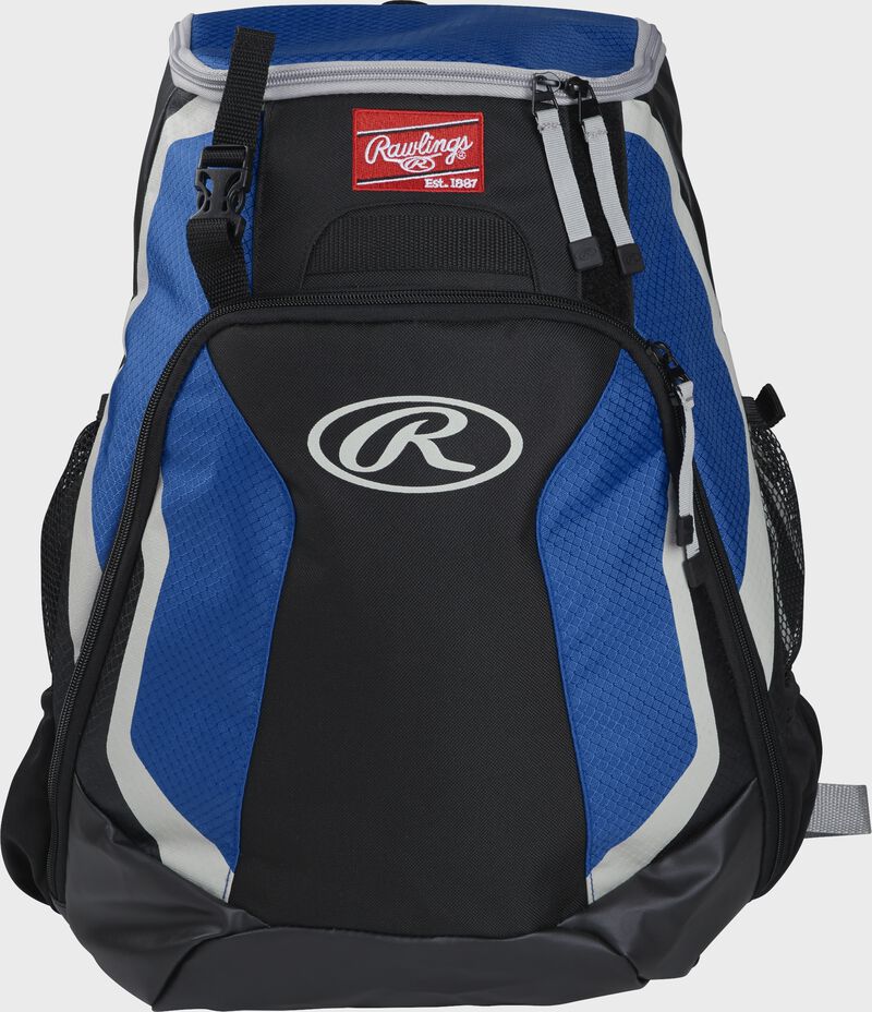 Front of a black/royal R500 Rawlings Players team backpack with a Rawlings patch and white Oval R