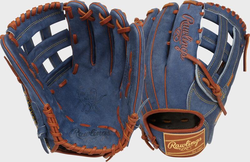 Two images showing the palm & back of a Heart of the Hide Pro Label Denim outfield glove