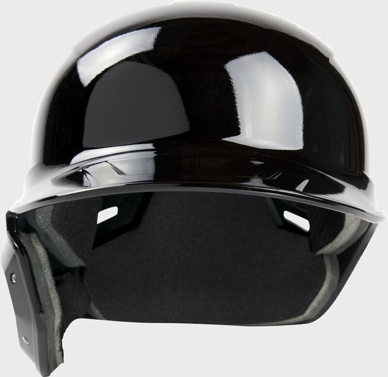 Front of a black, left handed Rawlings Mach single ear batting helmet - SKU: MSE01A-LHB