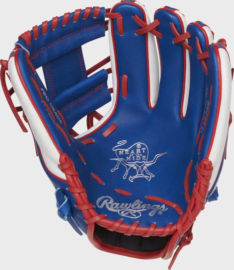 Shell palm view of royal, white, and scarlet 2021 Chicago Cubs Heart of the Hide glove