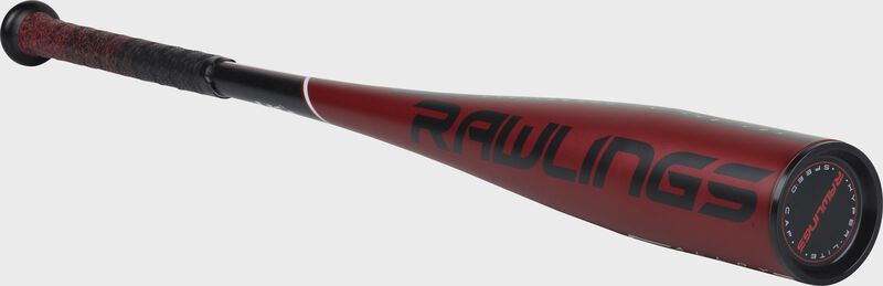 3/4 view of a red US9511 Rawlings 5150 -11 bat with a black end cap